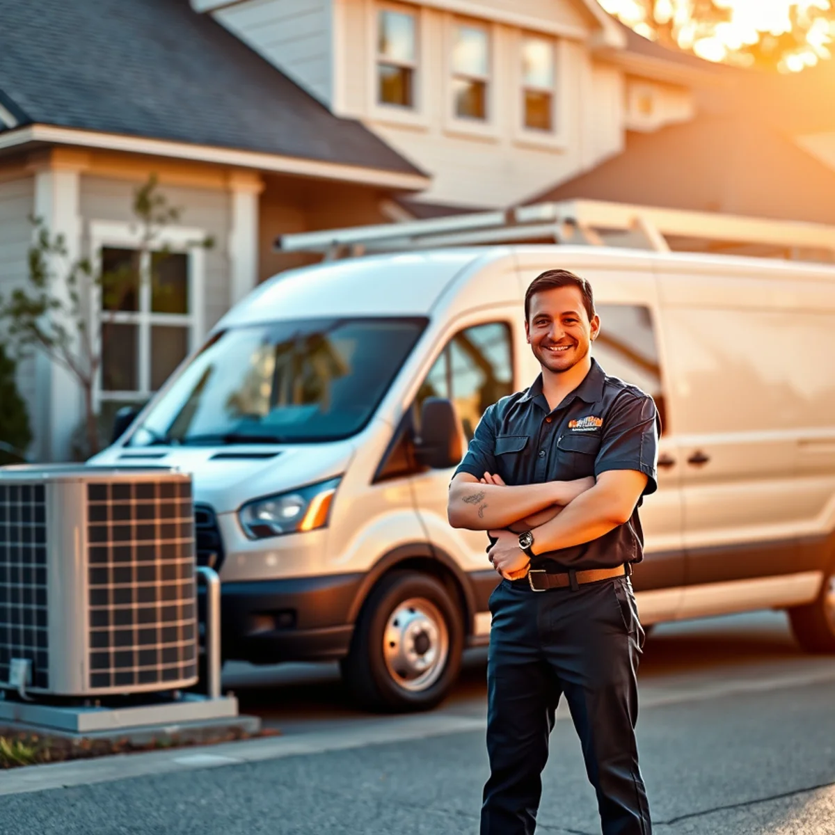 Flaming Ice Heating & Cooling technician and service van at a Clayton, NC home