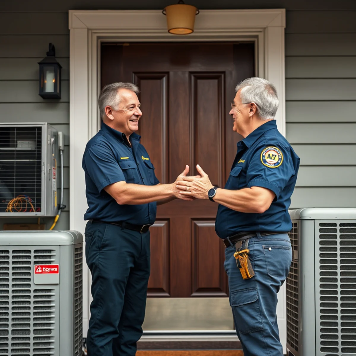 Happy North Carolina homeowner with a Flaming Ice Heating & Cooling technician
