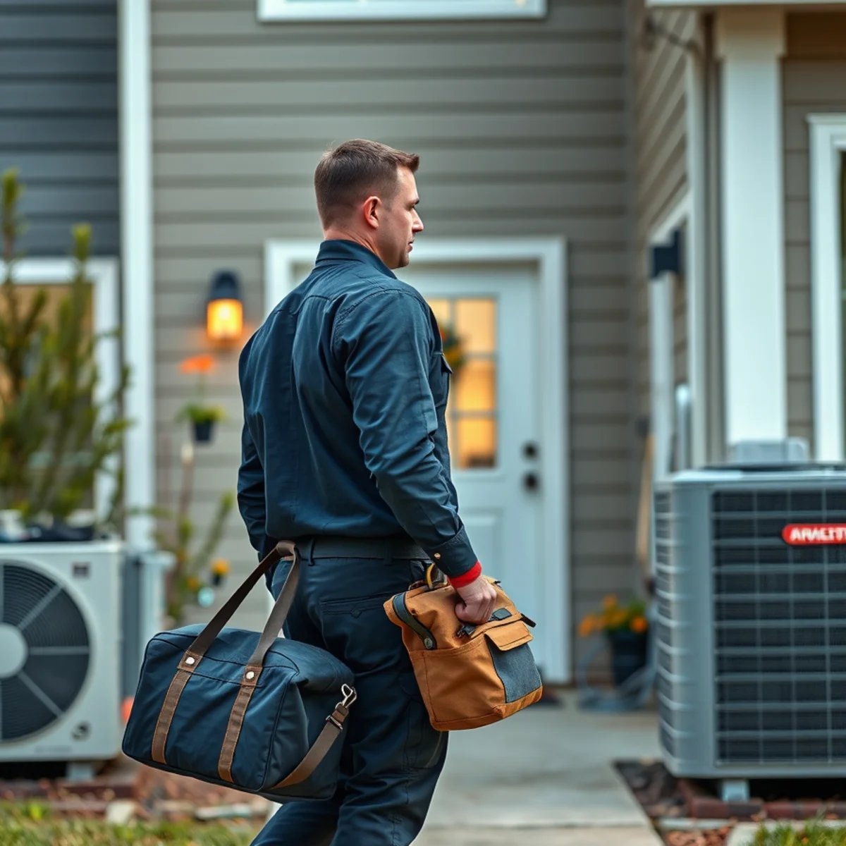 Flaming Ice Heating & Cooling technician carrying tools toward a North Carolina home